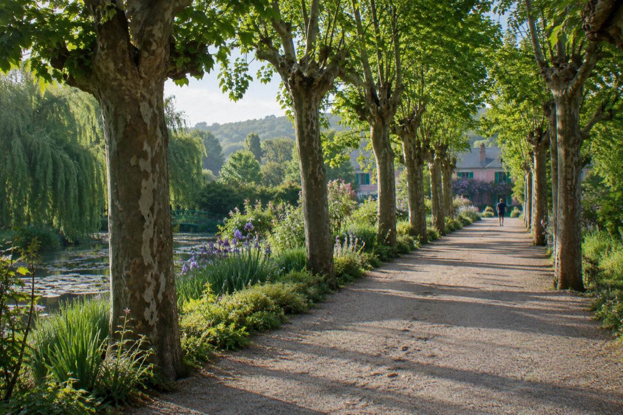 Tree-lined gravel path leading toward the flower beds of Monet's garden in Giverny