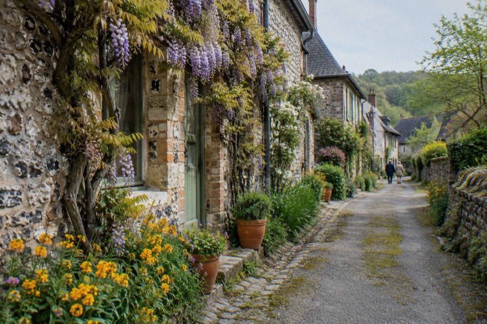 A narrow village lane in Giverny with stone cottages and flower gardens on both sides